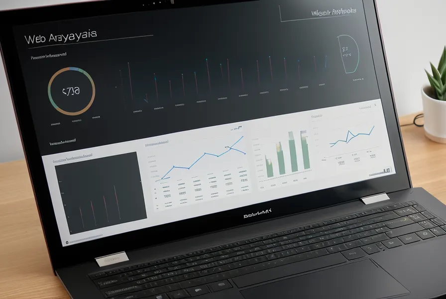 Nahaufnahme eines Analyse-Dashboards auf einem Laptop-Bildschirm mit sauberen Statistiken.